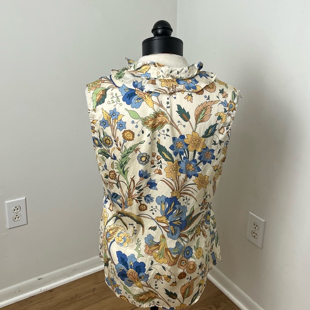 Talbots Silk Blue Floral Print Button Down Collared Neck Ruffled Front Blouse 8‎ - Picture 4 of 9